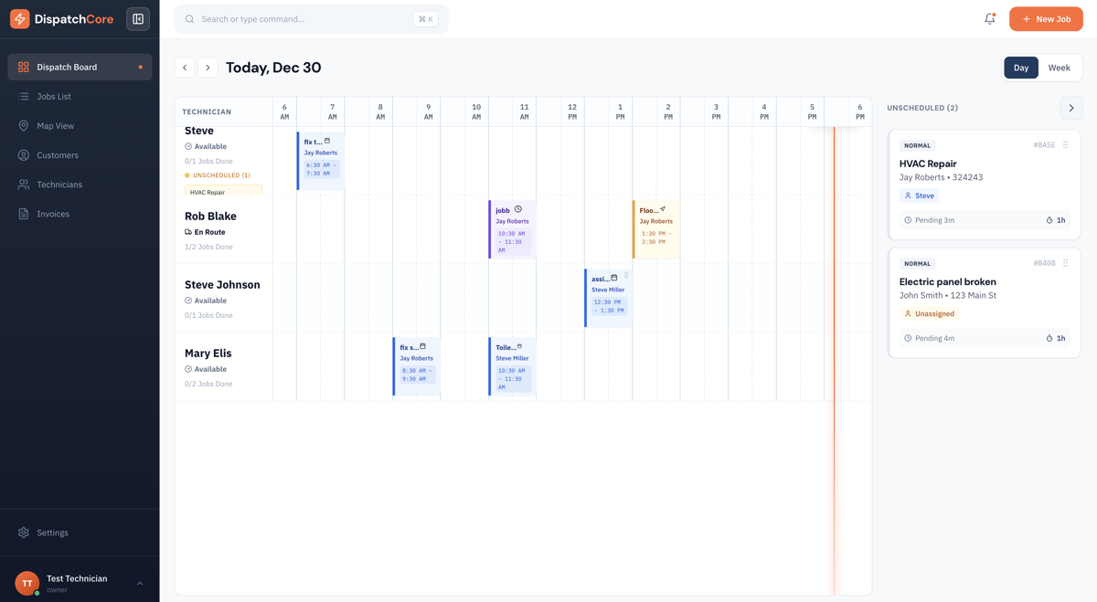 DispatchCore Dashboard - Visual dispatch board showing technician schedules
