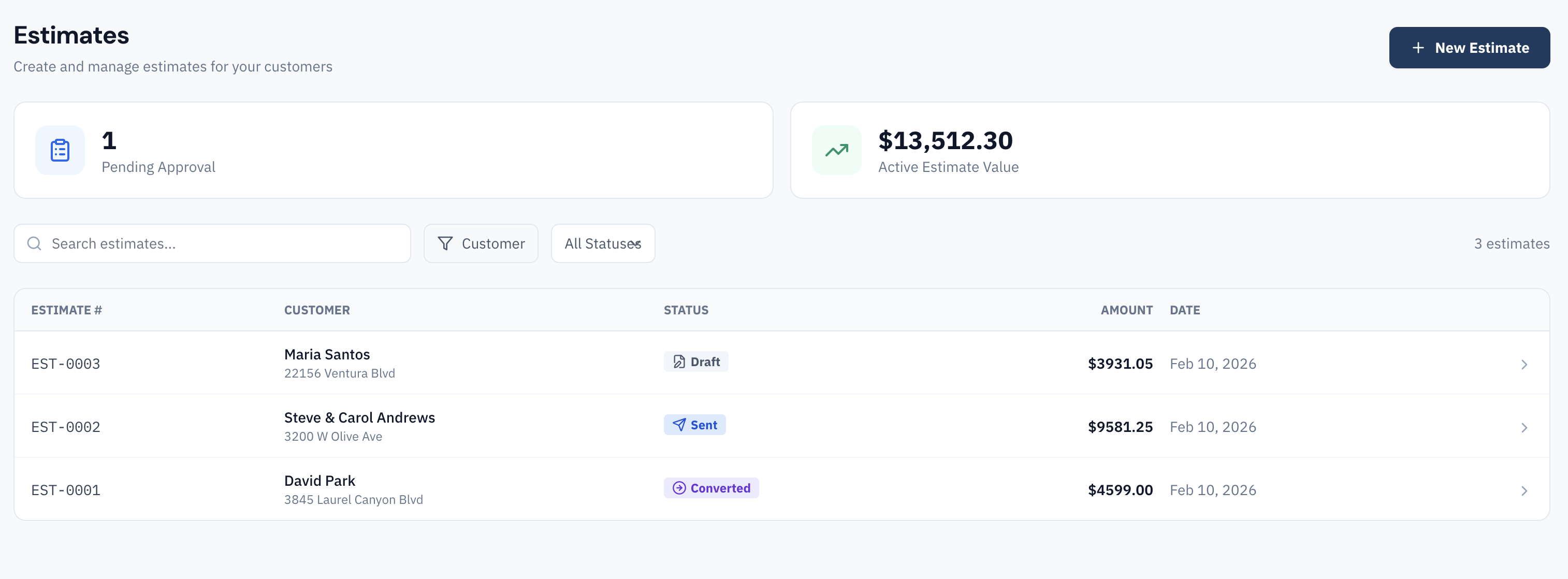 DispatchCore estimates pipeline showing draft, sent, and converted estimates