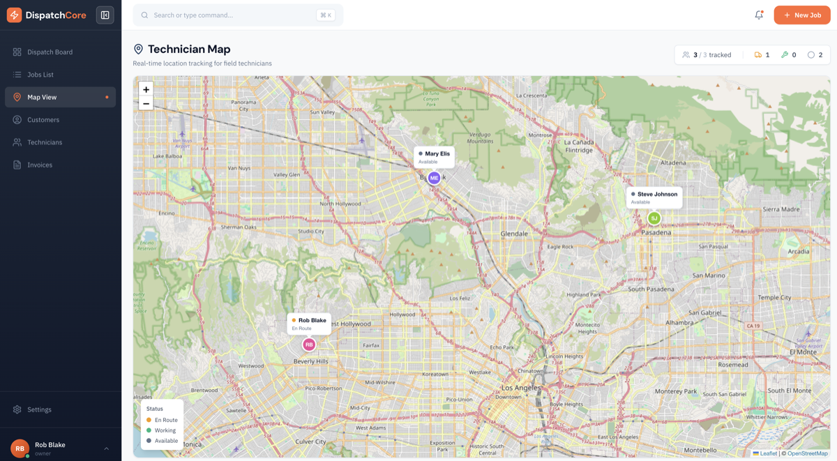 DispatchCore Map View - Live GPS tracking of your entire crew
