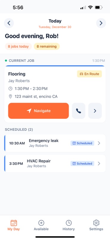 DispatchCore Mobile App - Technician view showing today's jobs