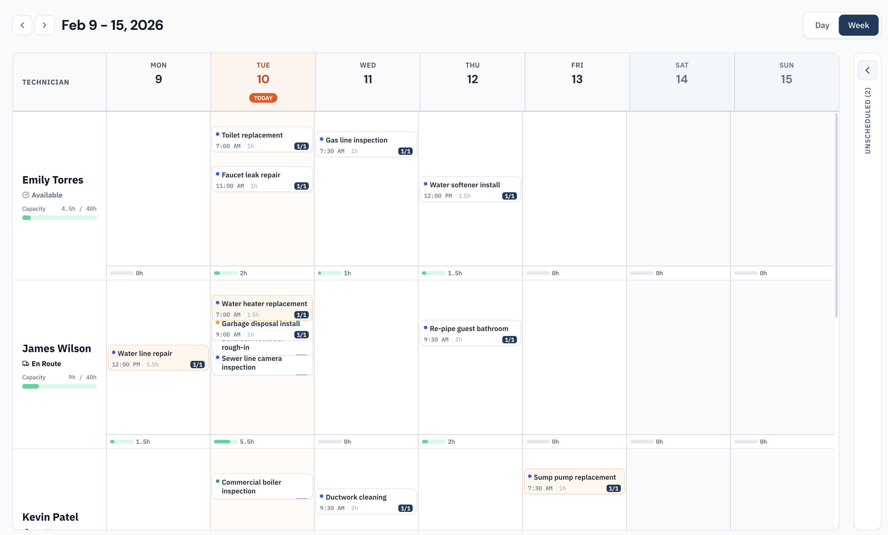 DispatchCore week view showing technician schedules across the full week with capacity indicators